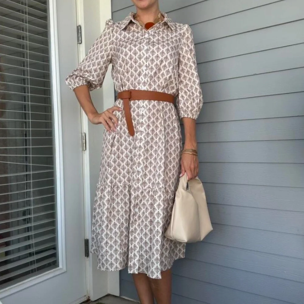 Printed Dress Lantern Sleeve Button Up White Tan - Picture 6 of 8